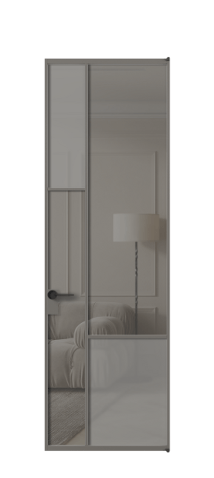 Межкомнатная дверь Mosaic АЛПЛ041.13 Алюминий классический серый Сатинированное серое стекло, триплекс, 6 мм + Прозрачное серое стекло, триплекс Цена 174160 ₽ | Volhovec