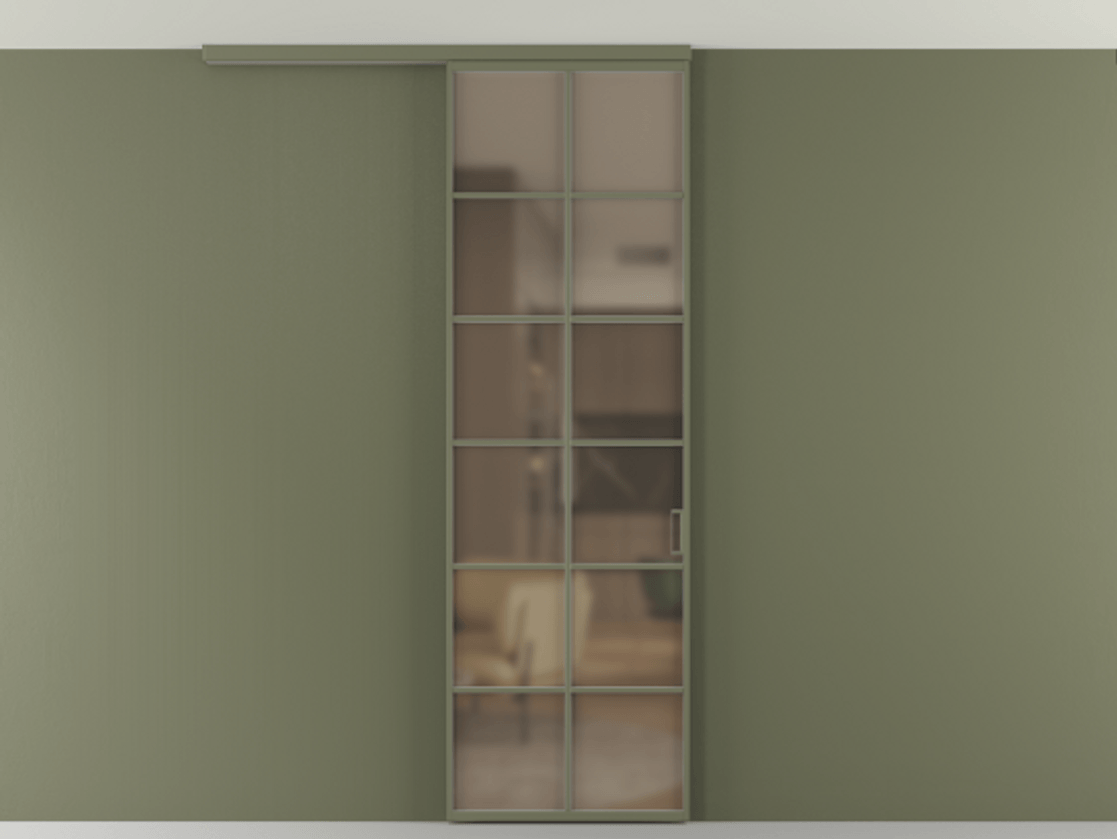 Перегородка Формато вдоль стены на потолок 1 створка АЛПР 040.05 Алюминий оливковый тёмный Сатинированное бронзовое стекло, триплекс Цена 113240 ₽ | Volhovec