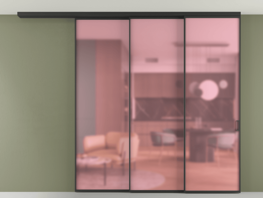 Перегородка Формато вдоль стены на потолок 3 створки с синхронным механизмом АЛПР 040.01 Алюминий Черный Сатинированное розовое стекло, триплекс Цена 381810 ₽ | Volhovec