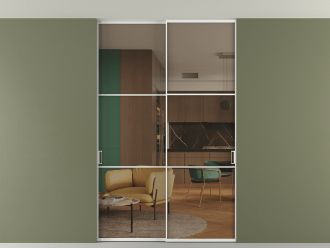 Перегородка Формато внутри проёма скрытое крепление в потолок 2 створки АЛПР 040.03 Алюминий белоснежный Прозрачное бронзовое стекло, триплекс Цена 269300 ₽ | Volhovec