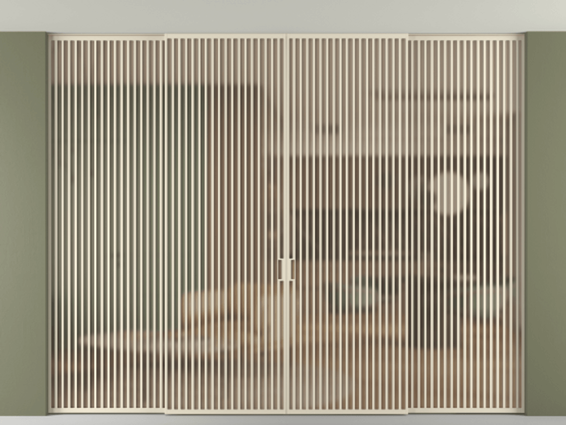 Перегородка Формато внутри проёма скрытое крепление в потолок 4 створки АЛПР 040.06 Алюминий бежево-серый Сатинированное оранжевое стекло, триплекс Цена 842110 ₽ | Volhovec