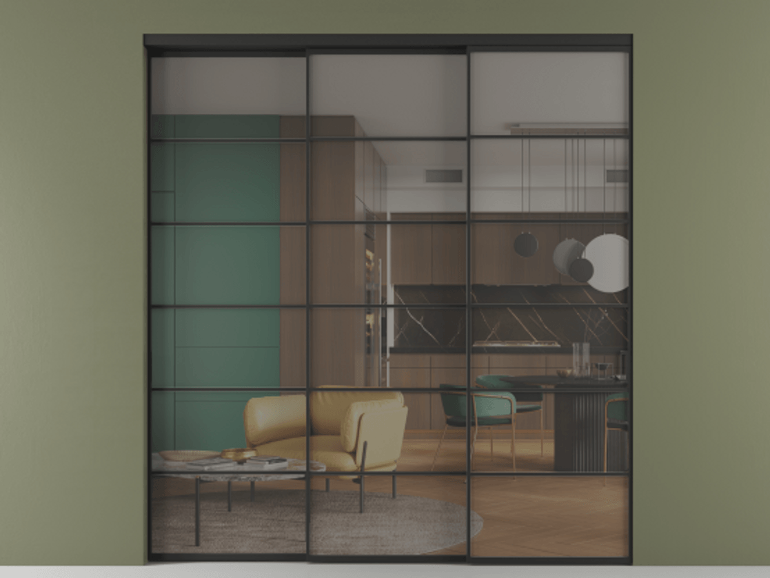 Перегородка Формато внутри проёма 3 створки с синхронным механизмом АЛПР 040.04 Алюминий Черный Прозрачное серое стекло, триплекс Цена 363680 ₽  | Volhovec