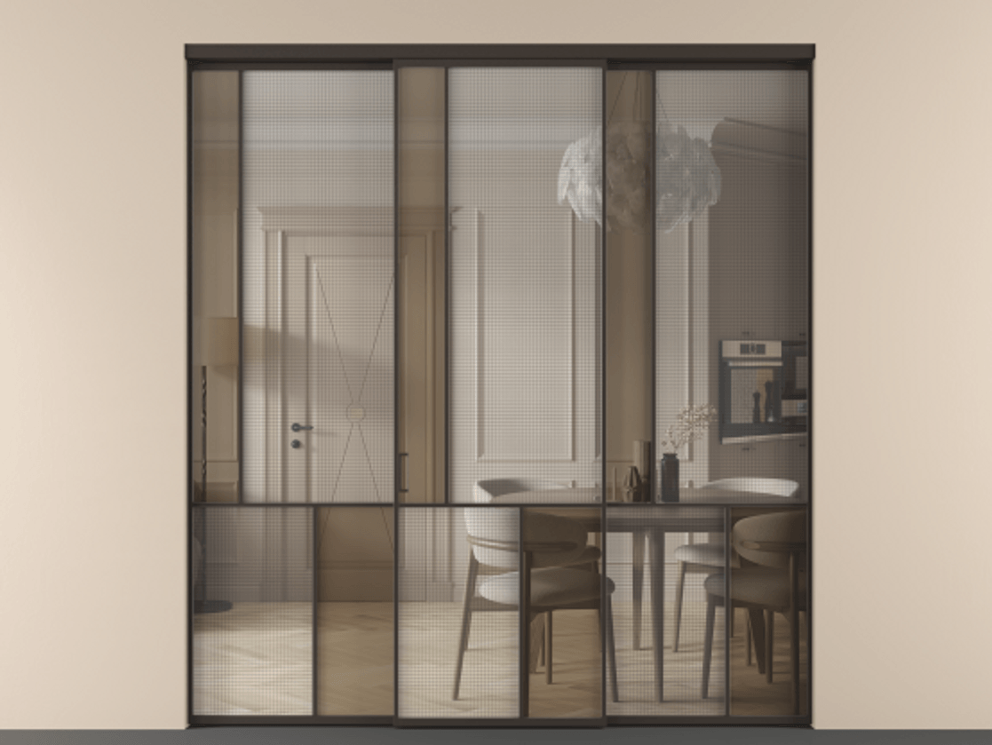 Перегородка Mosaic внутри проёма 3 створки АЛПР 041.20 Алюминий антрацит Декоративное стекло с сеткой "Mesh silver", триплекс, 6 мм + Прозрачное бронзовое стекло, триплекс Цена 377360 ₽ | Volhovec