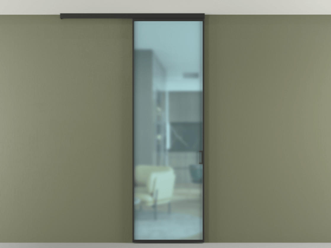 Перегородка Formato вдоль стены на потолок 1 створка АЛПР 040.01 Алюминий Черный Сатинированное голубое стекло, триплекс Цена 97170 ₽ | Volhovec