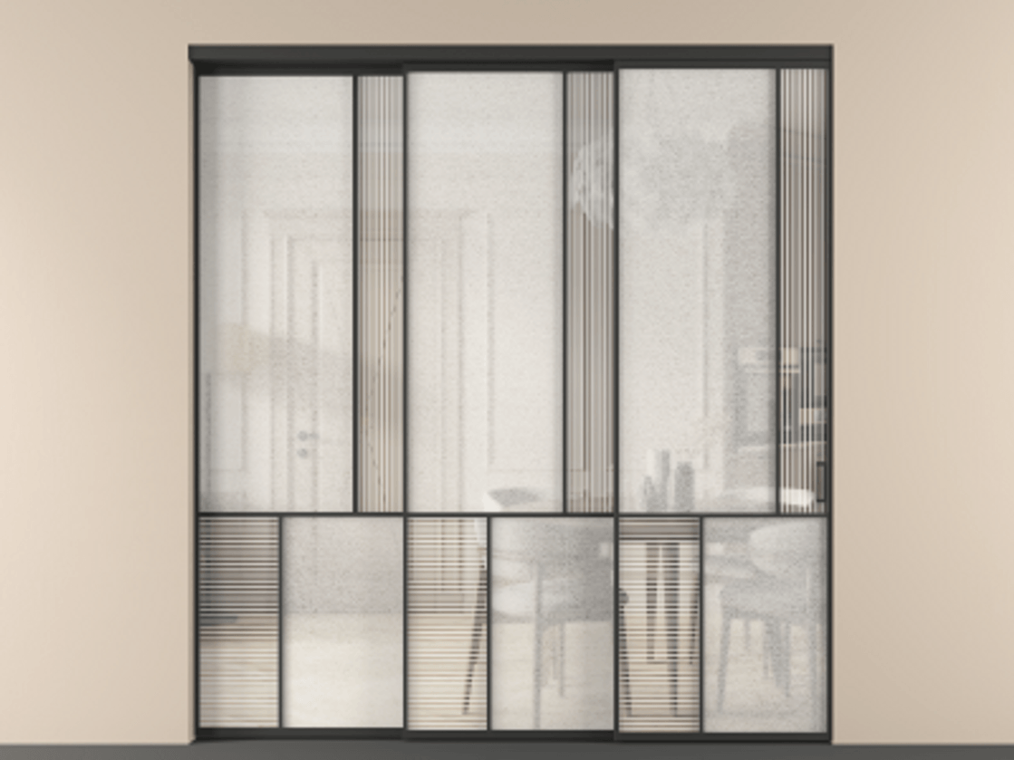 Перегородка Mosaic внутри проёма 3 створки с синхронным механизмом АЛПР 041.21 Алюминий Черный Рифлёное стекло "Дюна", триплекс, 6 мм + Фактурное стекло "Лёд", триплекс Цена 463120 ₽ | Volhovec