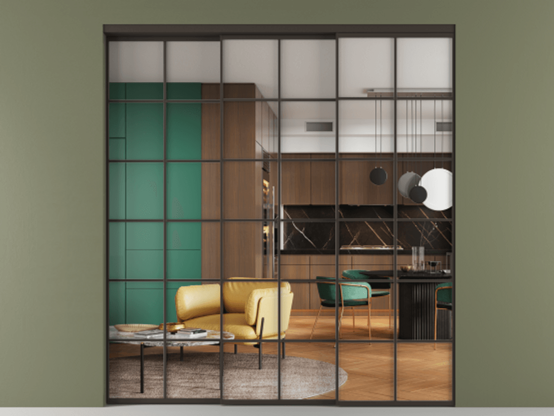 Перегородка Formato внутри проёма 3 створки с синхронным механизмом АЛПР 040.05 Алюминий антрацит Прозрачное стекло "Crystal Vision", калёное Цена 458850 ₽  | Volhovec