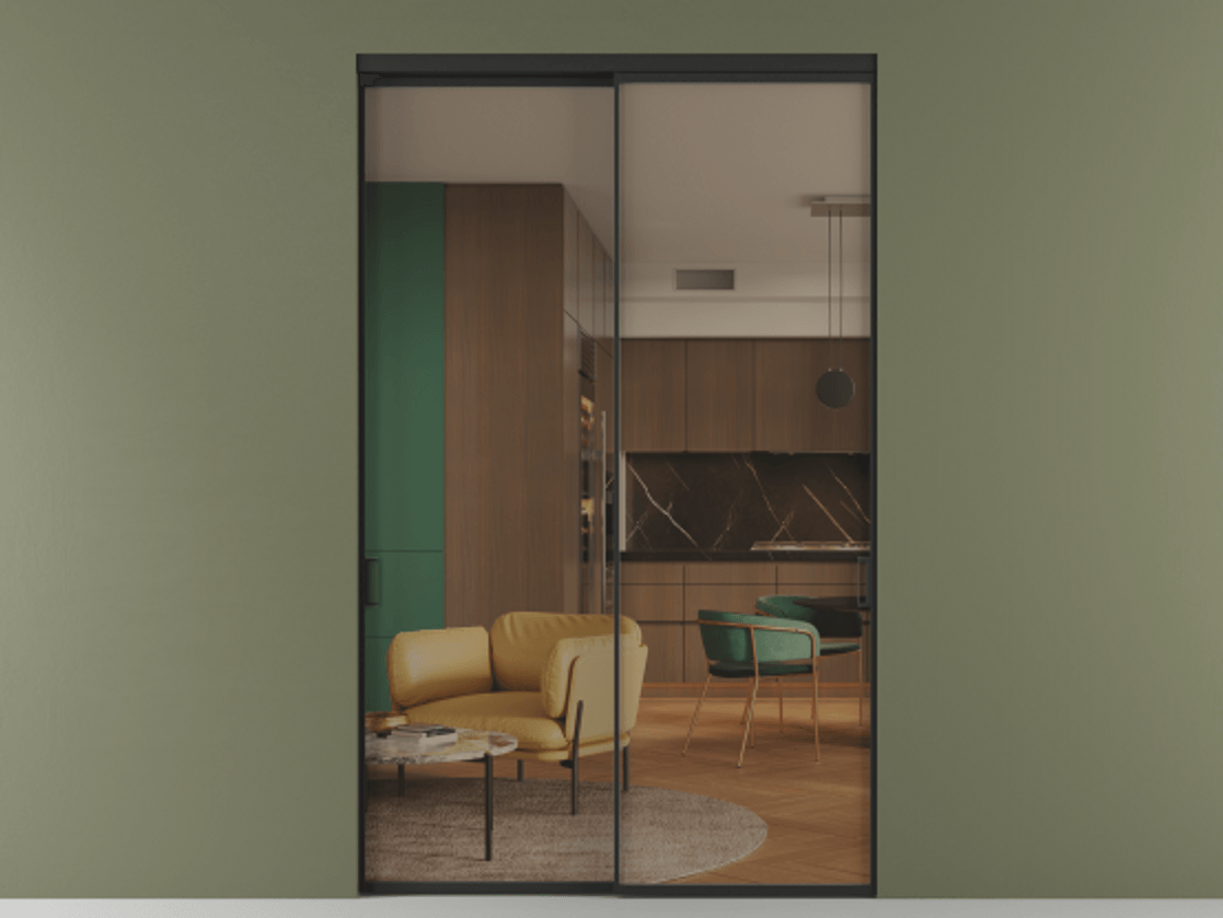 Перегородка Formato внутри проёма 2 створки АЛПР 040.01 Алюминий Черный Прозрачное бронзовое стекло, триплекс Цена 423440 ₽  | Volhovec