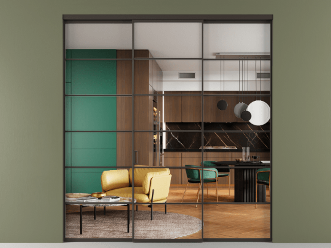 Перегородка Formato внутри проёма 3 створки АЛПР 040.04 Алюминий антрацит Прозрачное стекло "Crystal Vision", калёное Цена 358050 ₽ | Volhovec