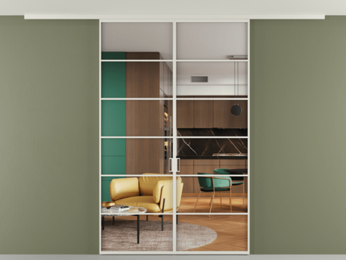 Перегородка Формато вдоль стены на потолок 2 створки АЛПР 040.04 Алюминий Белый Прозрачное стекло "Кристал Вижн", калёное Цена 223930 ₽ | Volhovec