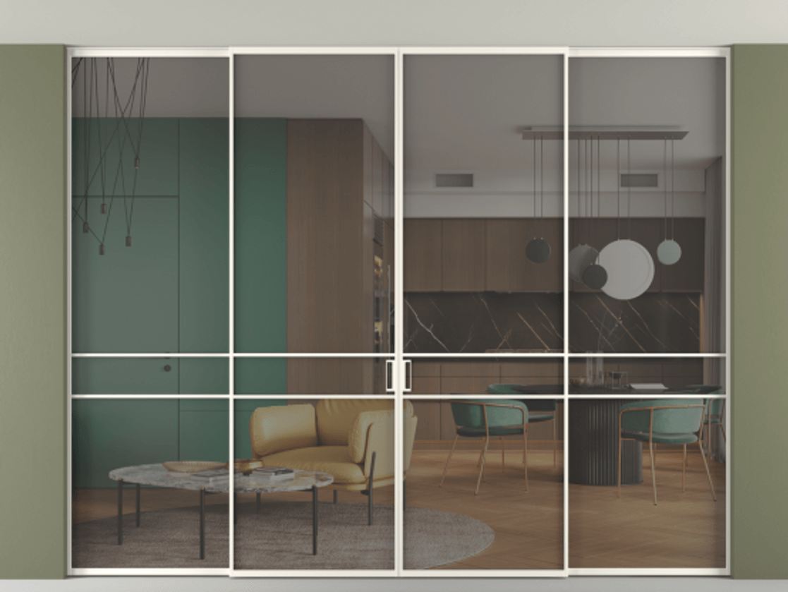 Перегородка Formato внутри проёма скрытое крепление в потолок 4 створки АЛПР 040.02 Алюминий пудровый белый Прозрачное серое стекло, триплекс Цена 479900 ₽ | Volhovec