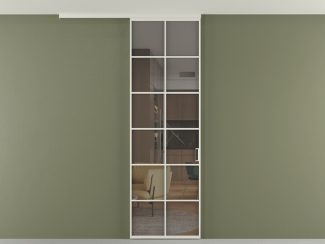 Перегородка Формато вдоль стены на потолок 1 створка АЛПР 040.05 Алюминий Белый Прозрачное серое стекло, триплекс Цена 108810 ₽ | Volhovec