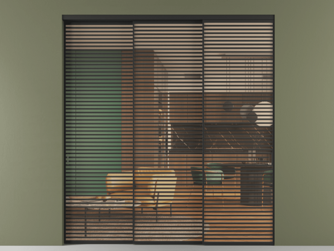 Перегородка Formato внутри проёма 3 створки с синхронным механизмом АЛПР 040.07 Алюминий Черный Прозрачное оранжевое стекло, триплекс Цена 580150 ₽  | Volhovec