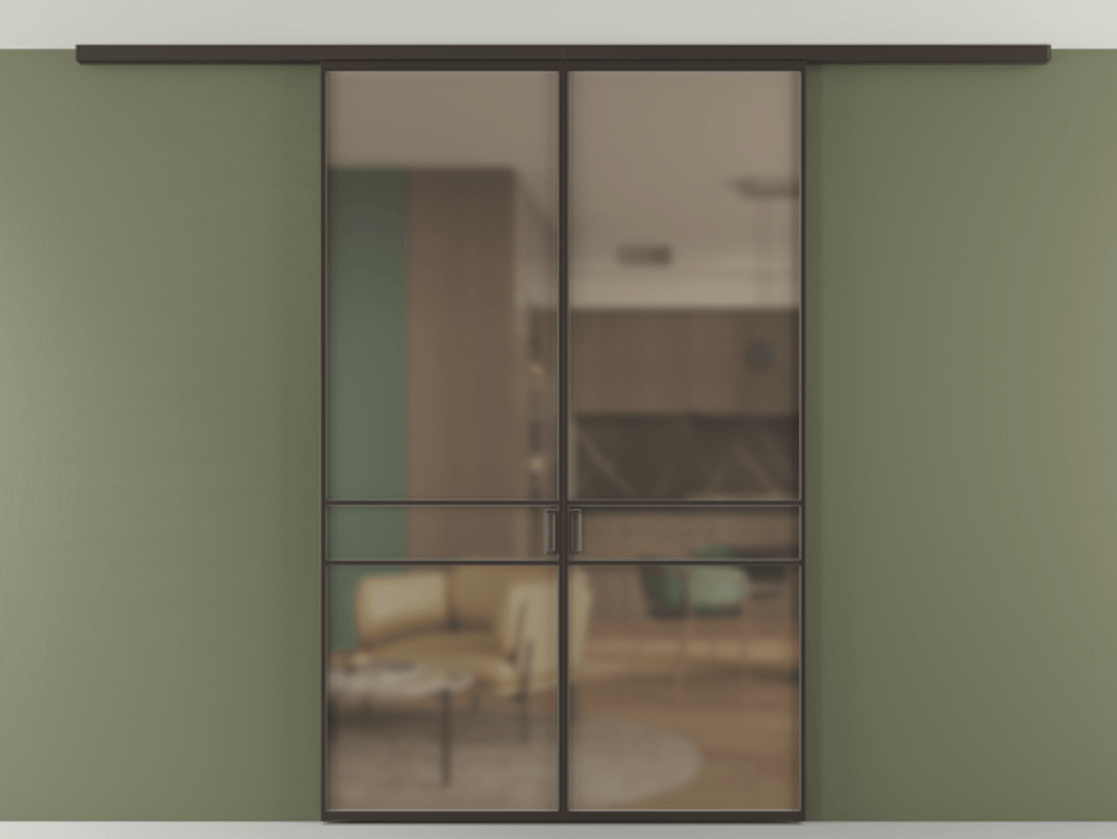 Перегородка Формато вдоль стены на потолок 2 створки АЛПР 040.02 Алюминий антрацит Сатинированное бронзовое стекло, триплекс Цена 204620 ₽ | Volhovec