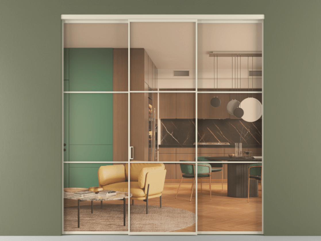 Перегородка Formato внутри проёма 3 створки АЛПР 040.03 Алюминий бежево-серый Прозрачное оранжевое стекло, триплекс Цена 260970 ₽ | Volhovec