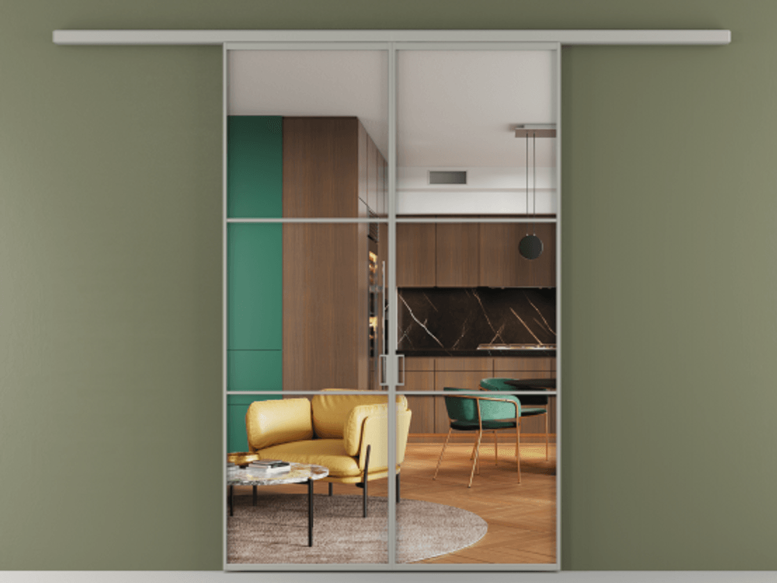 Перегородка Formato вдоль стены 2 створки АЛПР 040.03 Алюминий нейтральный серый Прозрачное стекло "Crystal Vision", калёное Цена 261450 ₽ | Volhovec