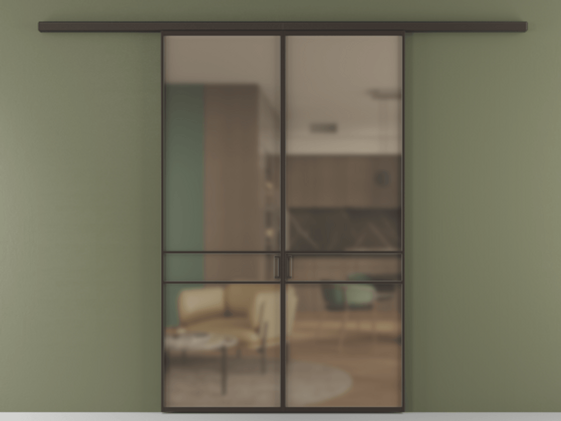 Перегородка Формато вдоль стены 2 створки АЛПР 040.02 Алюминий антрацит Сатинированное бронзовое стекло, триплекс Цена 213110 ₽ | Volhovec