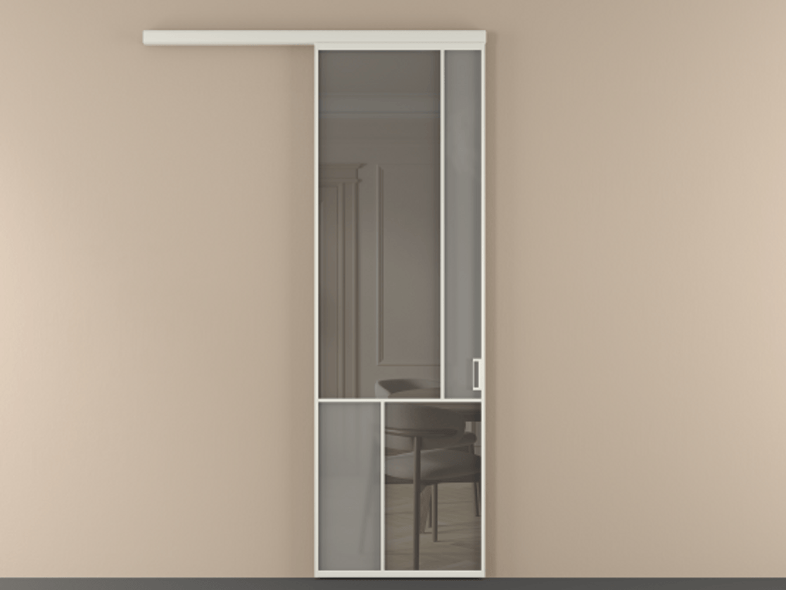 Перегородка Мозаик вдоль стены 1 створка АЛПР 041.21 Алюминий Белый Сатинированное серое стекло, триплекс, 6 мм + Прозрачное серое стекло, триплекс Цена 137960 ₽ | Volhovec