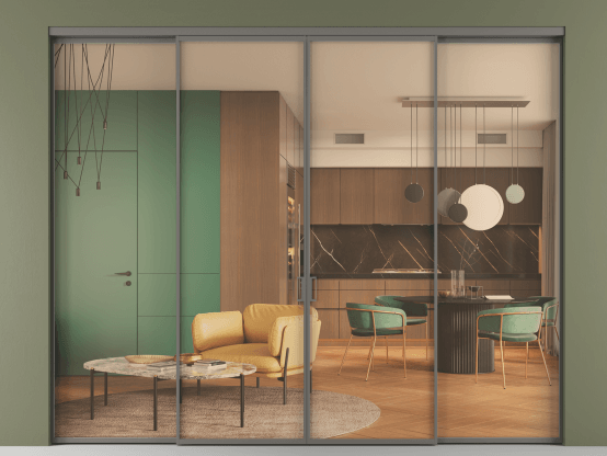 Алюминевая перегородка АЛПР 040.01_АКЛС_ПРОЗ ОРАНЖ_new. Цвет Алюминий классический серый. Материал Алюминий в эмали. Коллекция Перегородка Формато внутри проёма 4 створки. Картинка.