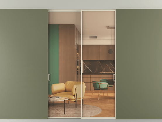 Алюминевая перегородка vn2_01 Алюминий бежево-серый Прозрачное оранжевое стекло, триплекс, 6мм. Цвет Алюминий бежево-серый. Материал Алюминий в эмали. Коллекция Перегородка Формато внутри проёма скрытое крепление в потолок 2 створки. Картинка.