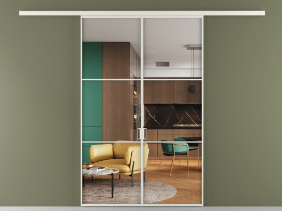 Алюминевая перегородка АЛПР 040.03_АСР_Crystalvision_new. Цвет Алюминий серый. Материал Алюминий в эмали. Коллекция Перегородка Formato вдоль стены 2 створки. Картинка.